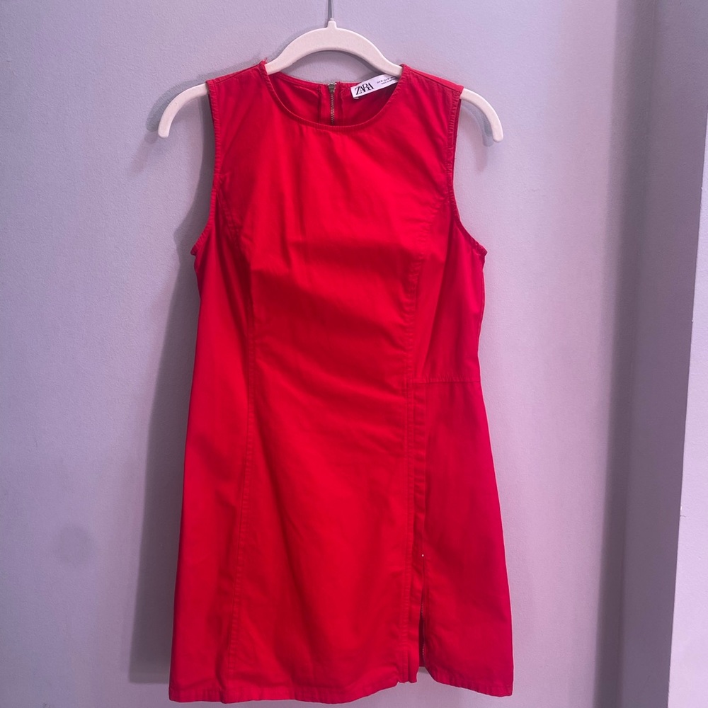 Zara Vibrant Red Sleeveless Mini Dress with Zip Up Front Leg Slit